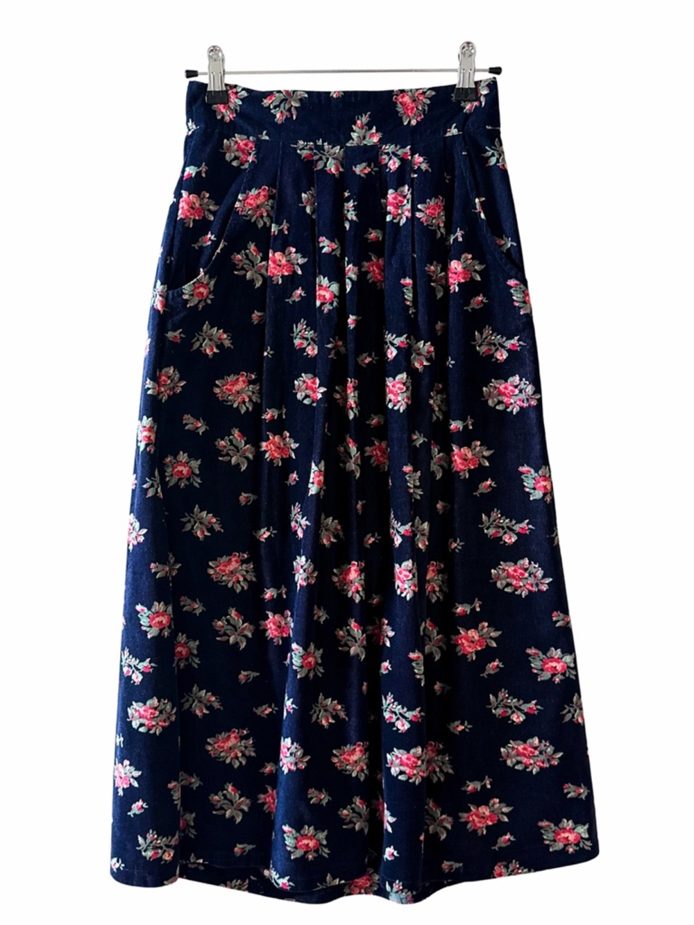 Vintage Hasting & Smith Floral Midi Skirt Navy Cottagecore Button Detail Size 6